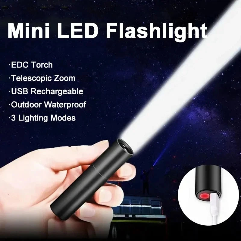 lampe poche led rechargeable noire mini zoom modes usb étanche