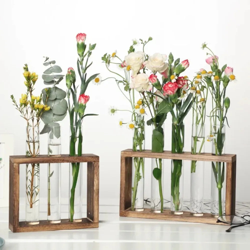 Support plantes verre transparent moderne tubes bois naturel clair minimaliste