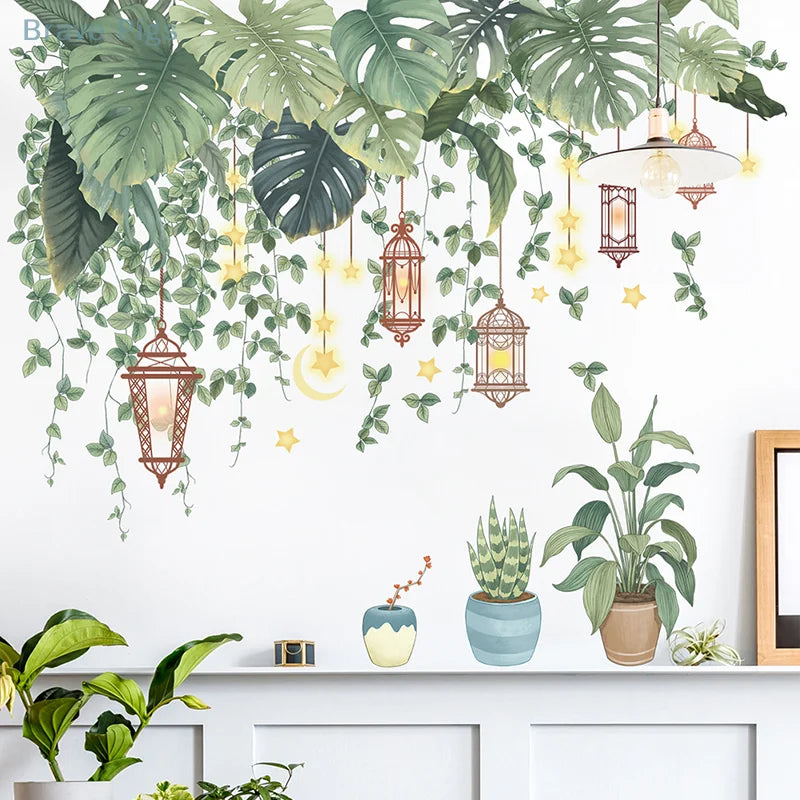 stickers muraux feuilles tropicales plantes decoratives adhésifs maison salon enfants naturels vert orange bleu