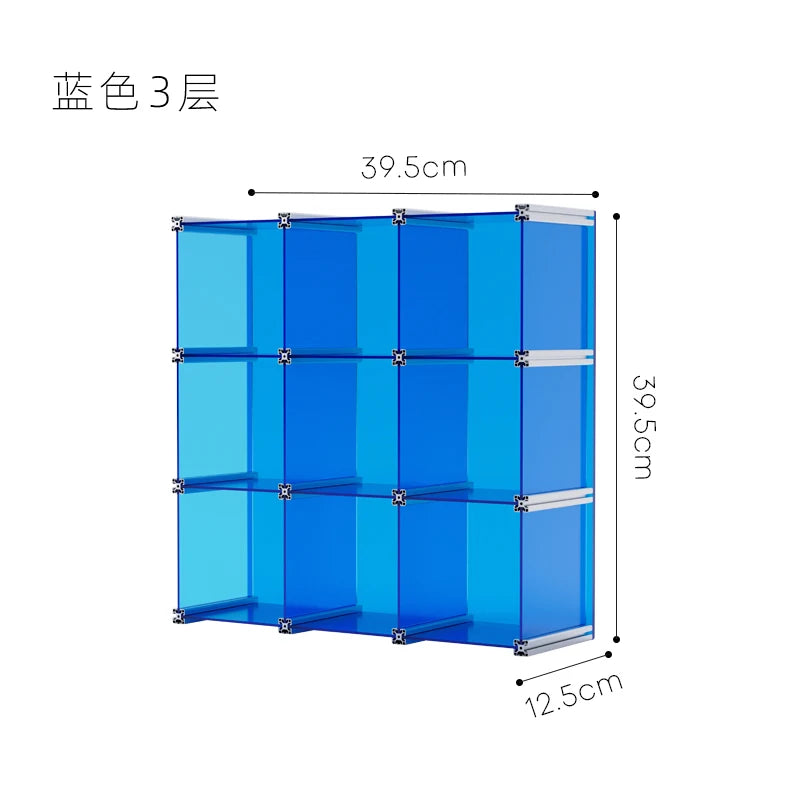 organisateur rangement modulaire transparent bleu clips métalliques compartiments tasses bouteilles bol assiette gâteau tablette
