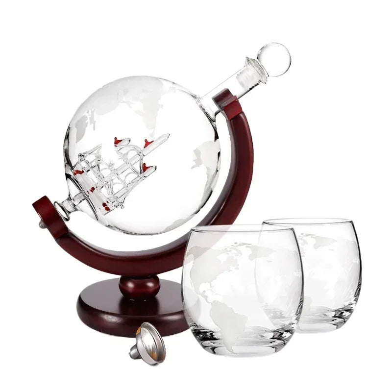 globe terrestre carafe whisky verres carte monde support bois bateau miniature transparent vintage