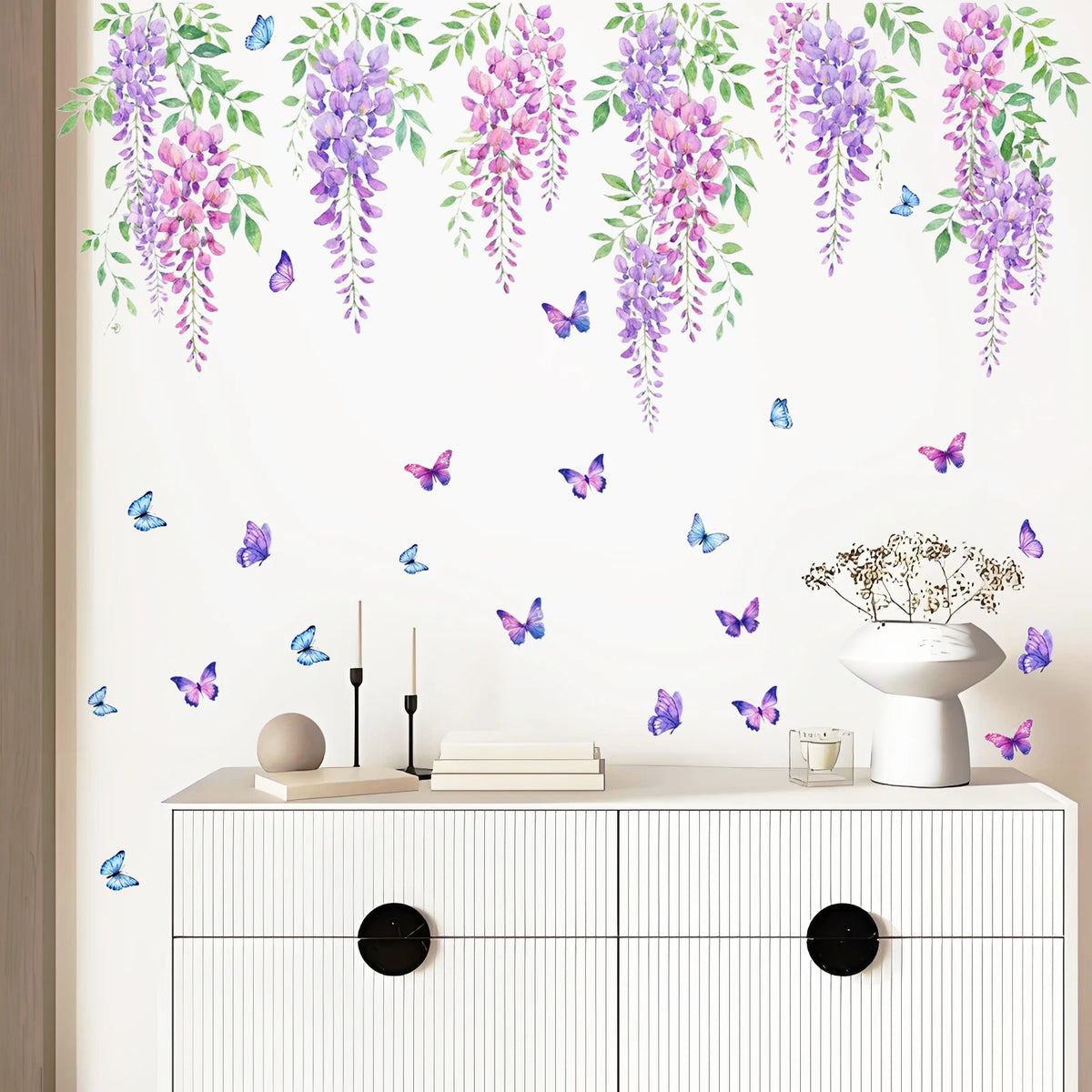sticker mural décoratif fleurs glycine papillons aquarelle violet rose vert bleu