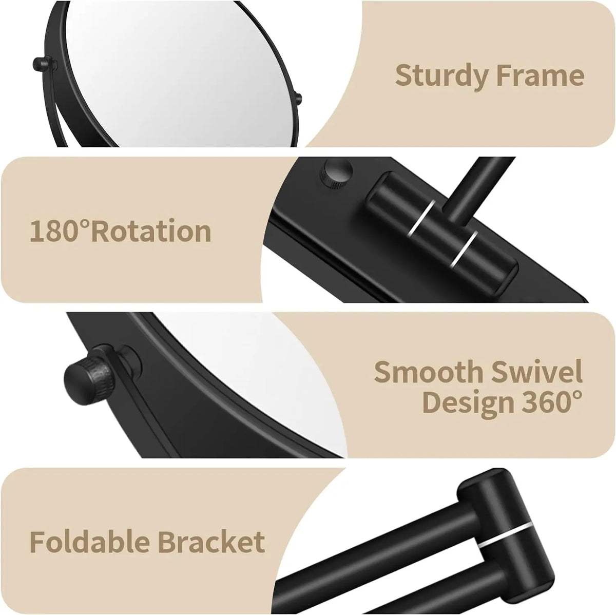 miroir cosmétique noir moderne bras articulé pouces rond sans texte
