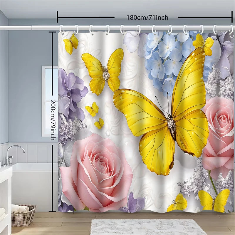 rideau douche papillons fleurs jaunes polyester moderne anneaux rideau blanc violet bleuclair chambre toilette