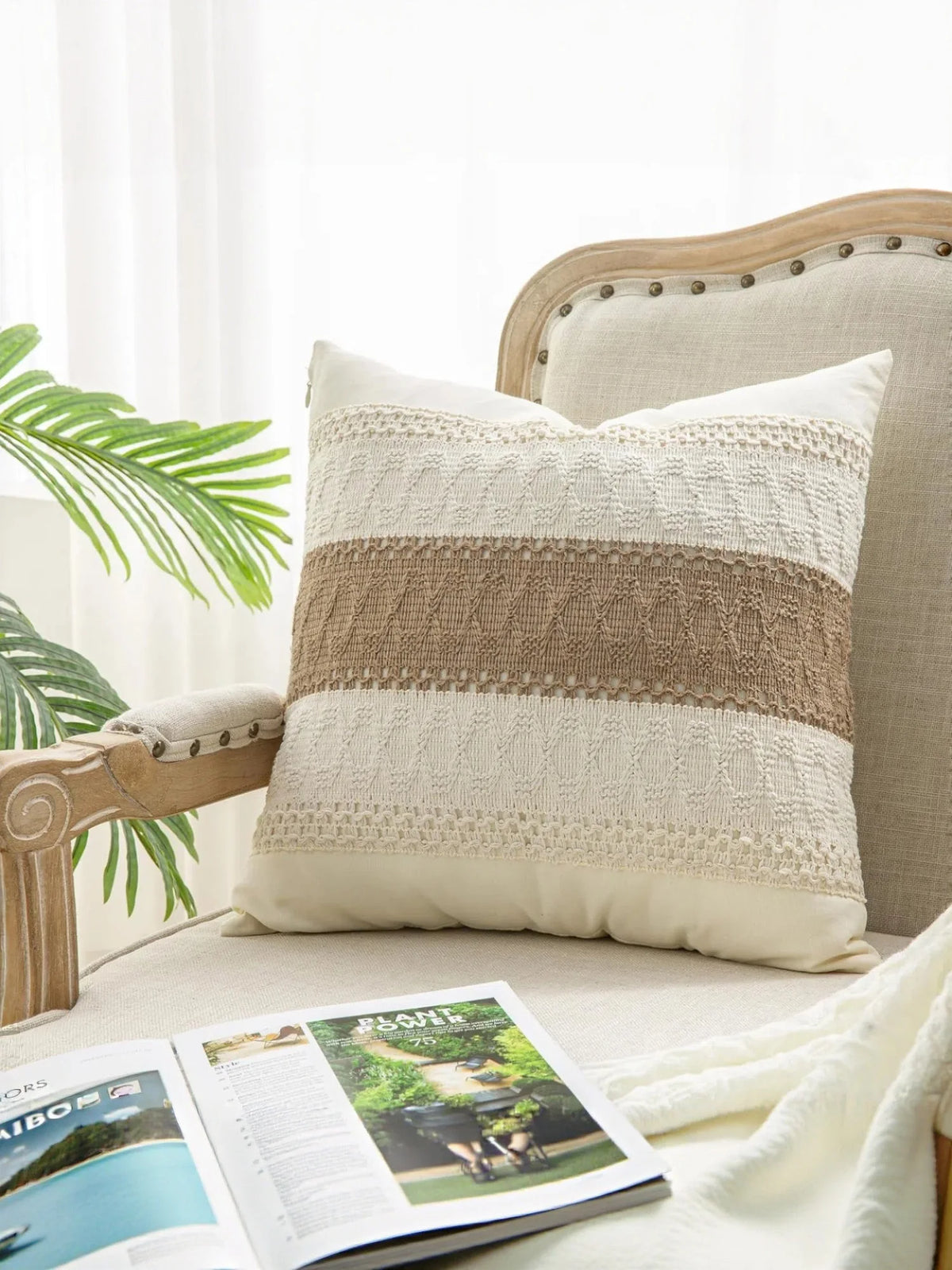 taie d'oreiller patchwork rayures beige rustique fermeture glissière 45x45cm polyester sans rembourrage