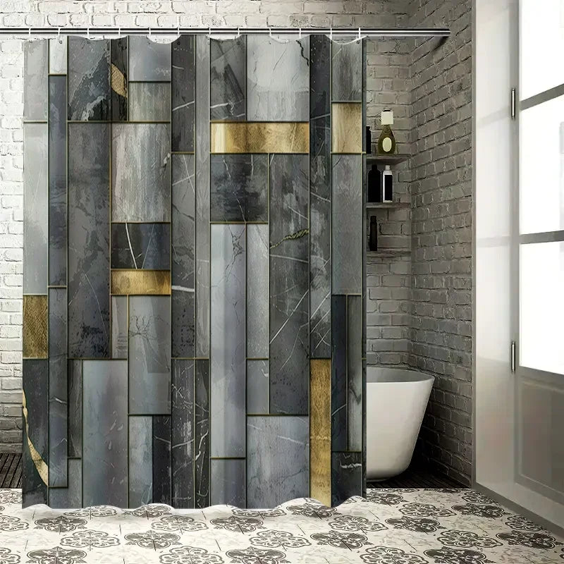 rideau douche moderne gris marbre élégant anneaux suspension 180cm 180cm doré