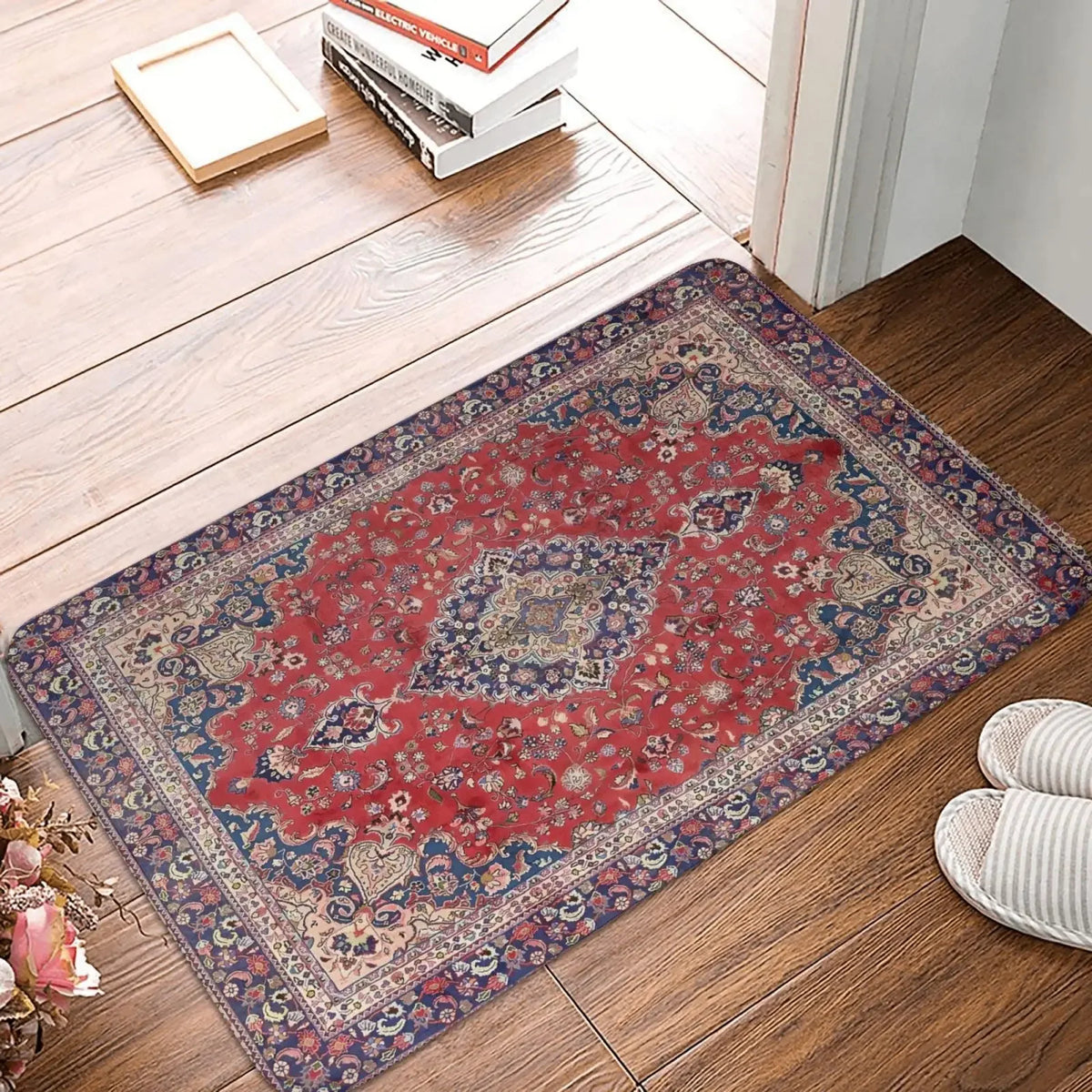 tapis ethnique traditionnel rouge bleu beige antidérapant intérieur extérieur doux porte sol cuisine