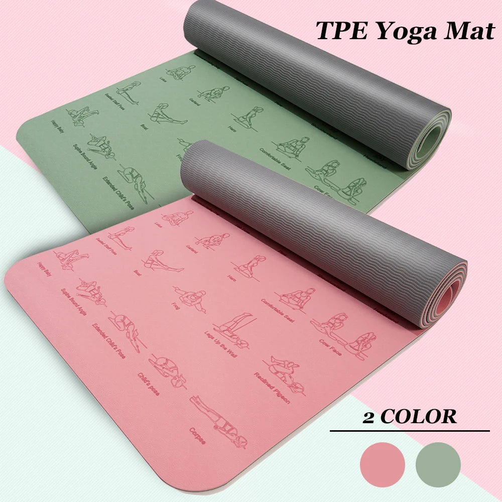 tapis yoga rose gris illustrations postures 6mm moderne opacité cordelette 183x57cm