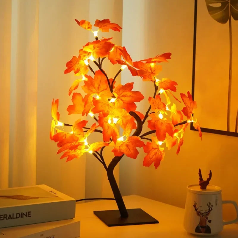 arbre lumineux décoratif feuilles artificielles branches noires moderne minimaliste orange jaune
