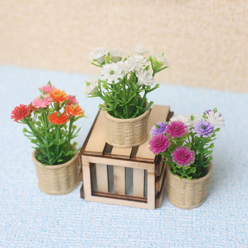 plante artificielle miniature pot tressé fleurs vertes décoration intérieure maison poupée jouet rustique champêtre