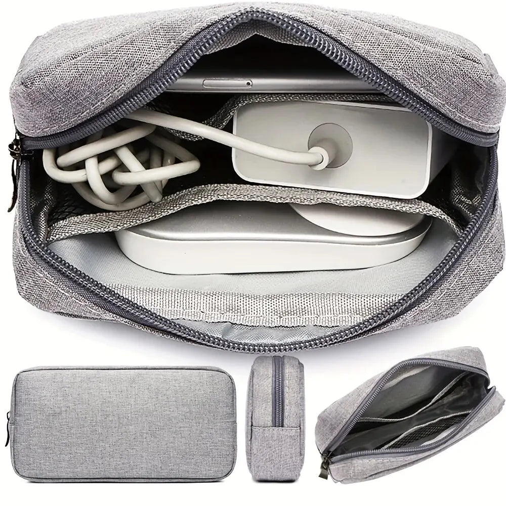 pochette rangement toile coton gris clair moderne zipper compartiments organisation électronique portable