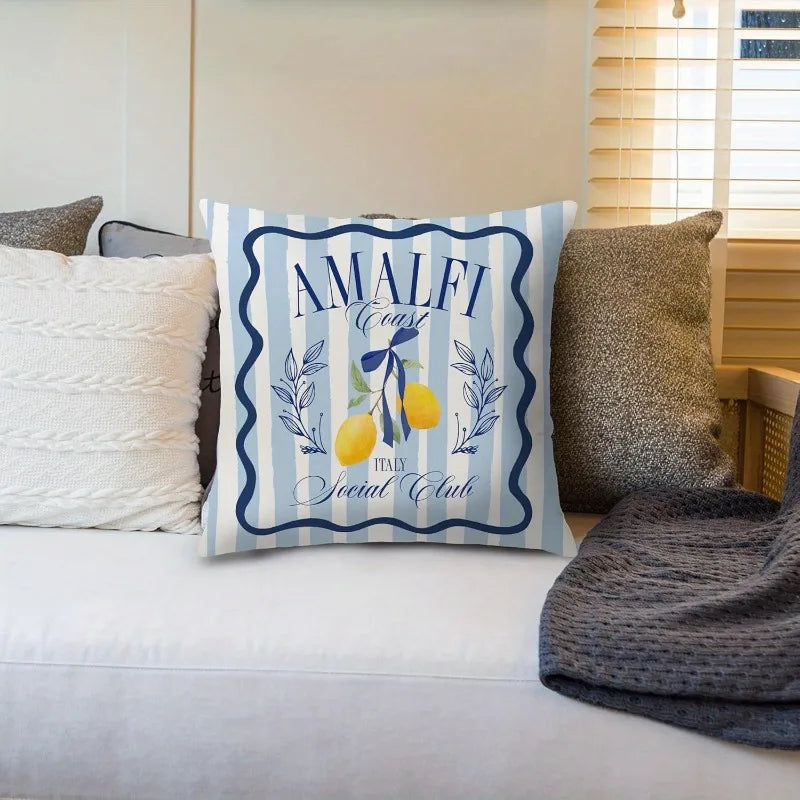 coussin bleu clair motif floral vintage 45x45cm rayures horizontales citrons jaunes