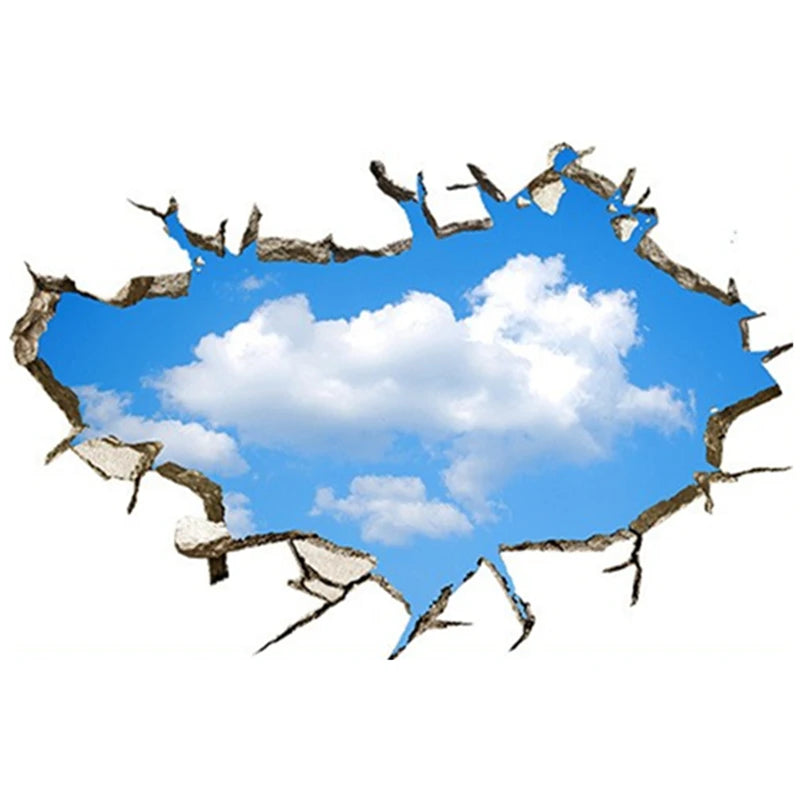 sticker mural 3d ciel bleu nuages étoiles béton fissuré adhésif chambre toit