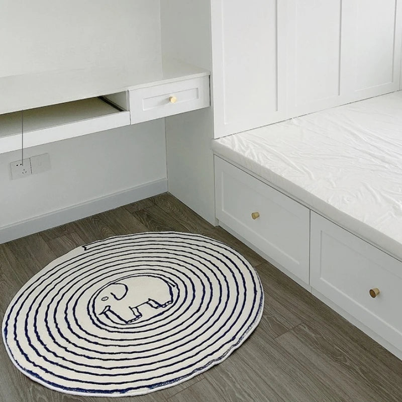 tapis moderne rond éléphant rayures concentriques blanc bleu marine doux confortable résistant antislip polyester