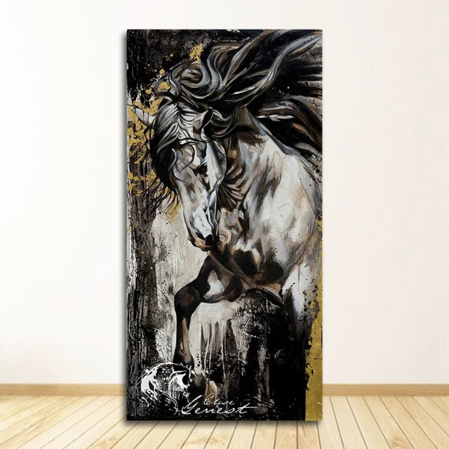 tableau moderne chevaux galopants abstrait canvas noir blanc marron gris doré salon chambre decoration