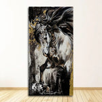 tableau moderne chevaux galopants abstrait canvas noir blanc marron gris doré salon chambre decoration