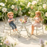 chaises table miniature métal grillagé vintage beige coussin serviette