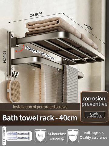 étagère rangement bain moderne pliable barre serviettes crochets gris métallique fixation murale