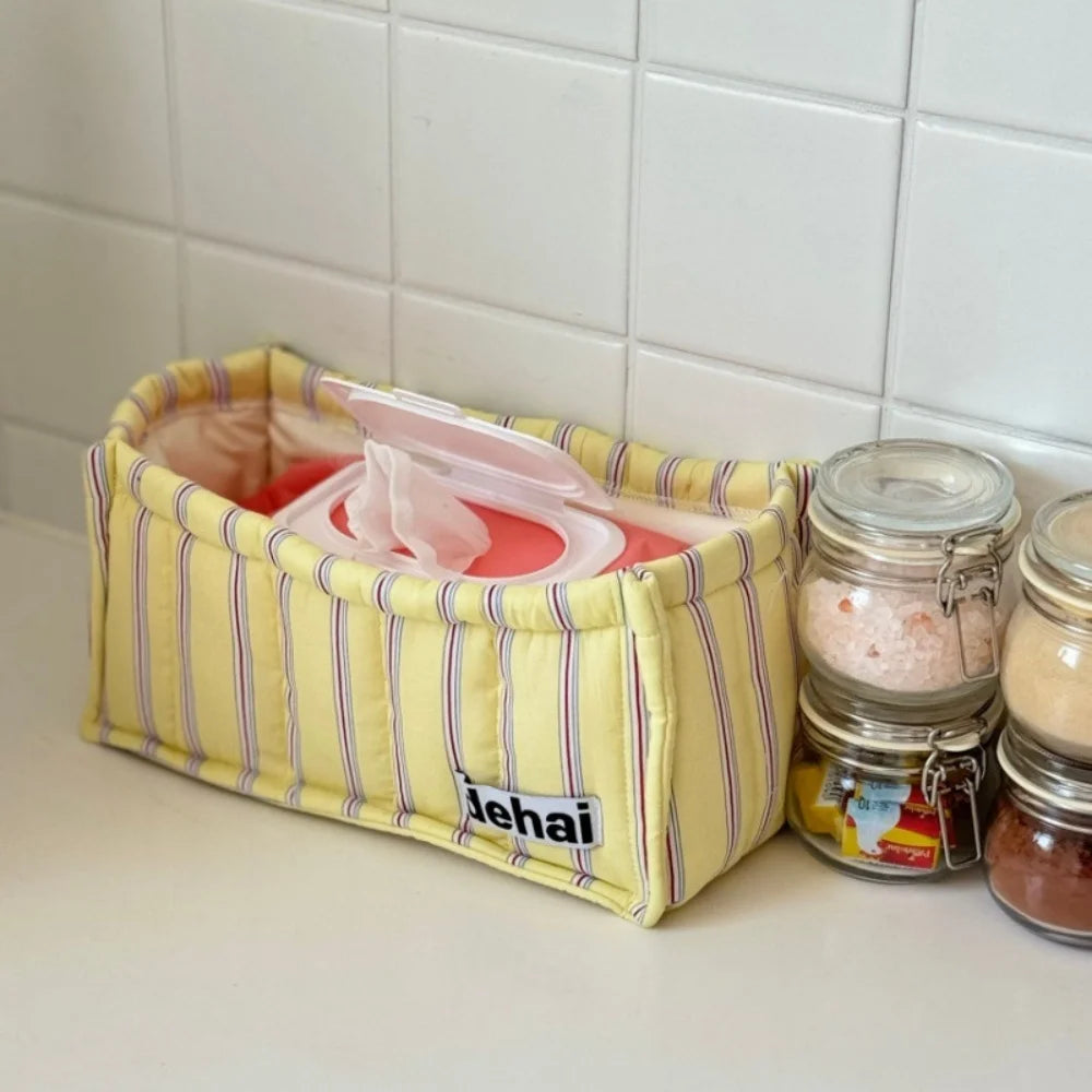 boîte rangement moderne bleu clair jaune clair blanc rayures fines tissu amovible pratique sans