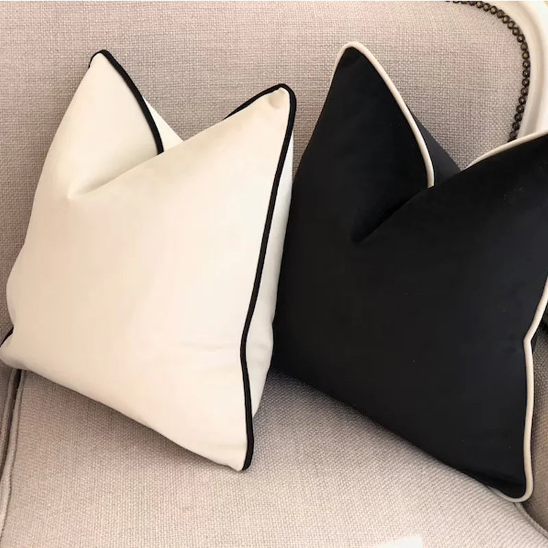 taies d'oreiller décoratives polyester noir blanc motif uni bordure blanche contemporain 30x50cm 45x45cm 50x50cm