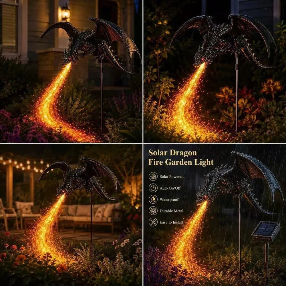 lampe solaire résine dragon noir relief brillant fantaisie moderne tringle jardin halloween