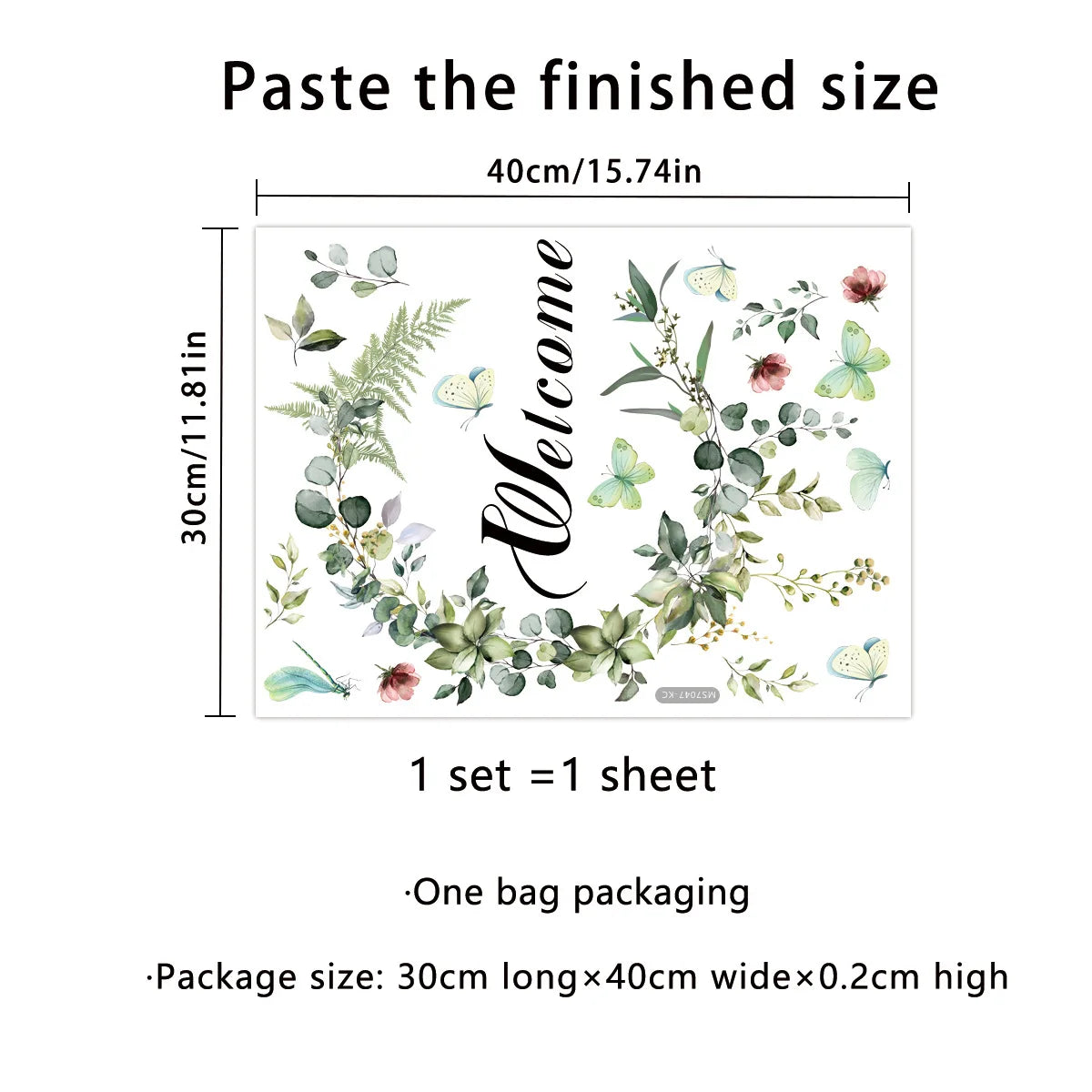 autocollant mural bienvenue végétal feuilles fleurs papillons adhésif 30x40cm chambre couloir entrée
