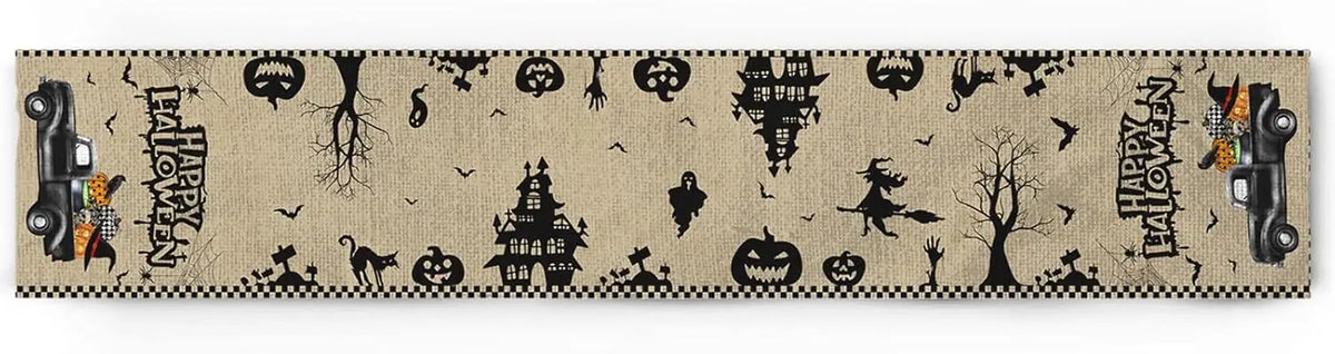 Ce ruban décoratif Halloween présente une variété d'éléments typiques de cette fête, tels que des citrouilles, des maisons hantées, des fantômes et des chauves-souris, avec un style graphique noir et blanc.