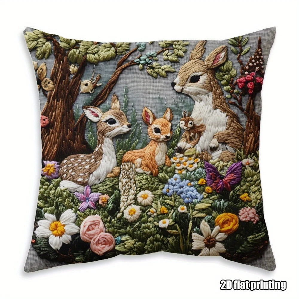 housse coussin motif forêt animaux renards papillons fleurs colorées naturel polyester gris 45x45cm