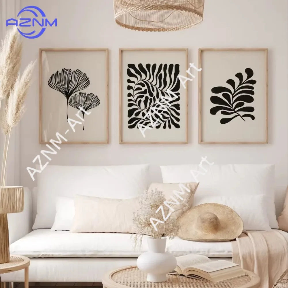 affiches art minimalistes feuilles stylisées abstraction blanche noire décoration salon moderne