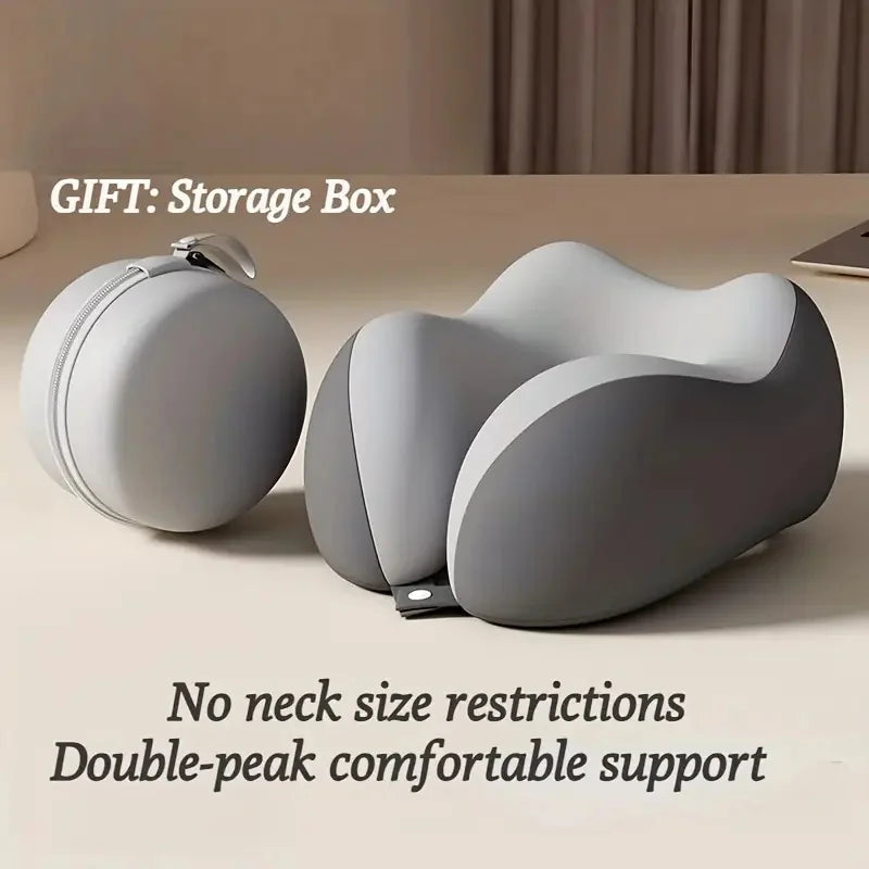 coussin voyage ergonomique mousse mémoire forme gris clips boîte rangement instructions utilisation confortable moderne