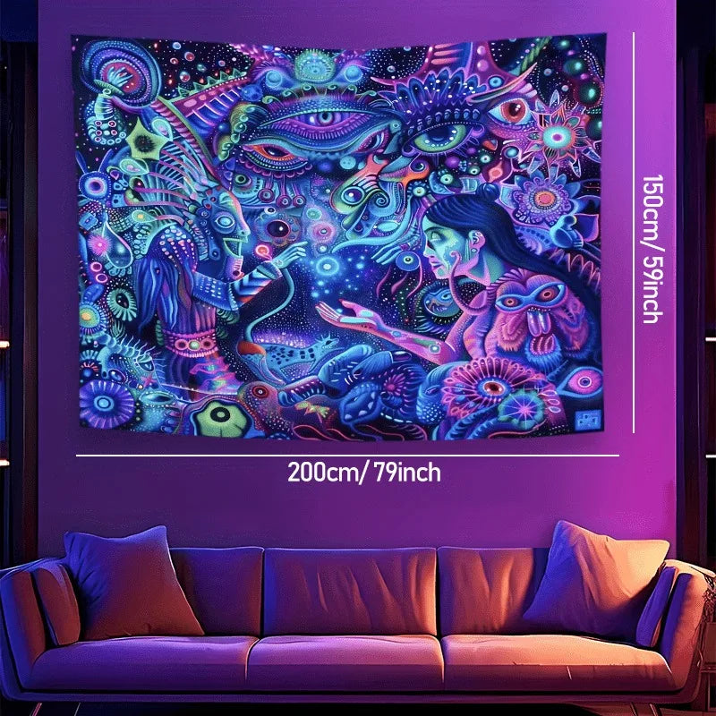 tapisserie psychédélique abstraite oeil floral violet bleu verte noir moderne chambre décoration uv neon