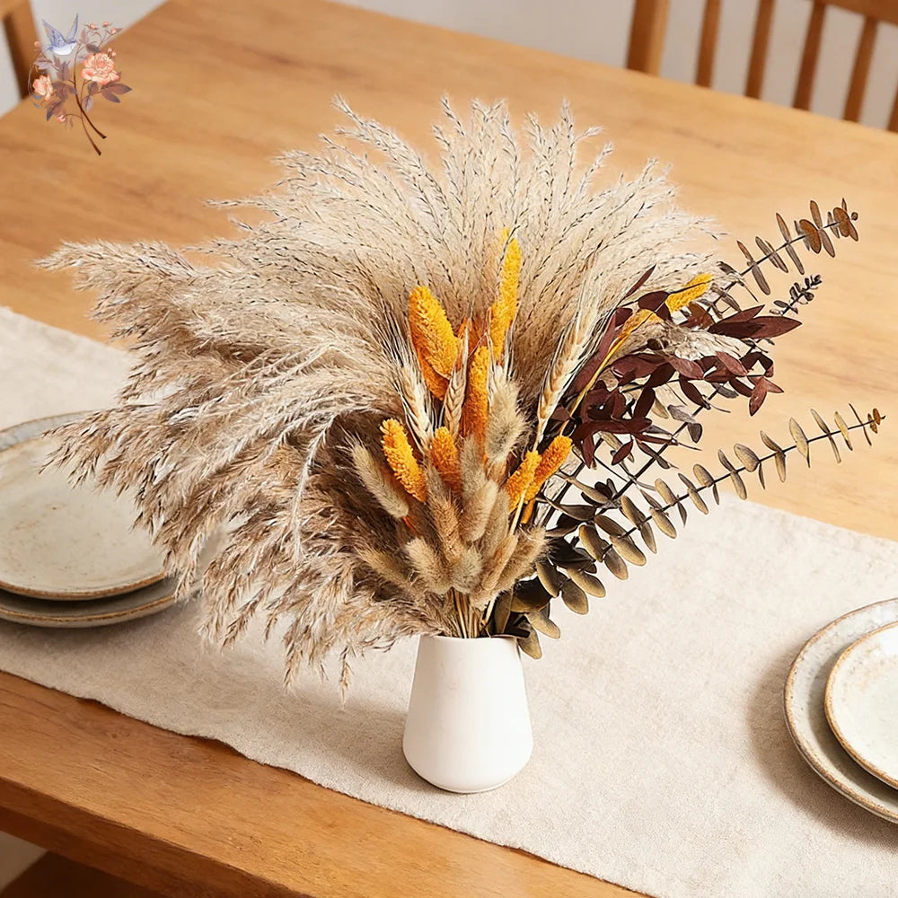 bouquet fleurs séchées naturelles plumes feuilles beige marron anniversaire décoration maison automne rustic