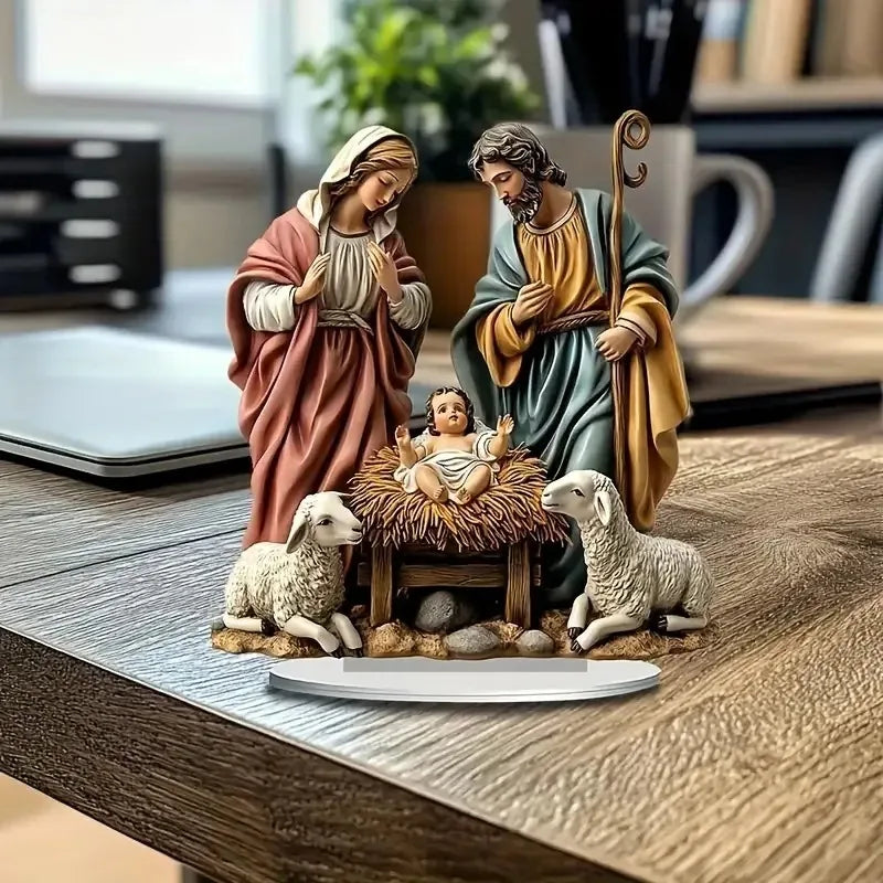 Ornement de Nativité en acrylique 2D sur table de Noël décorée
