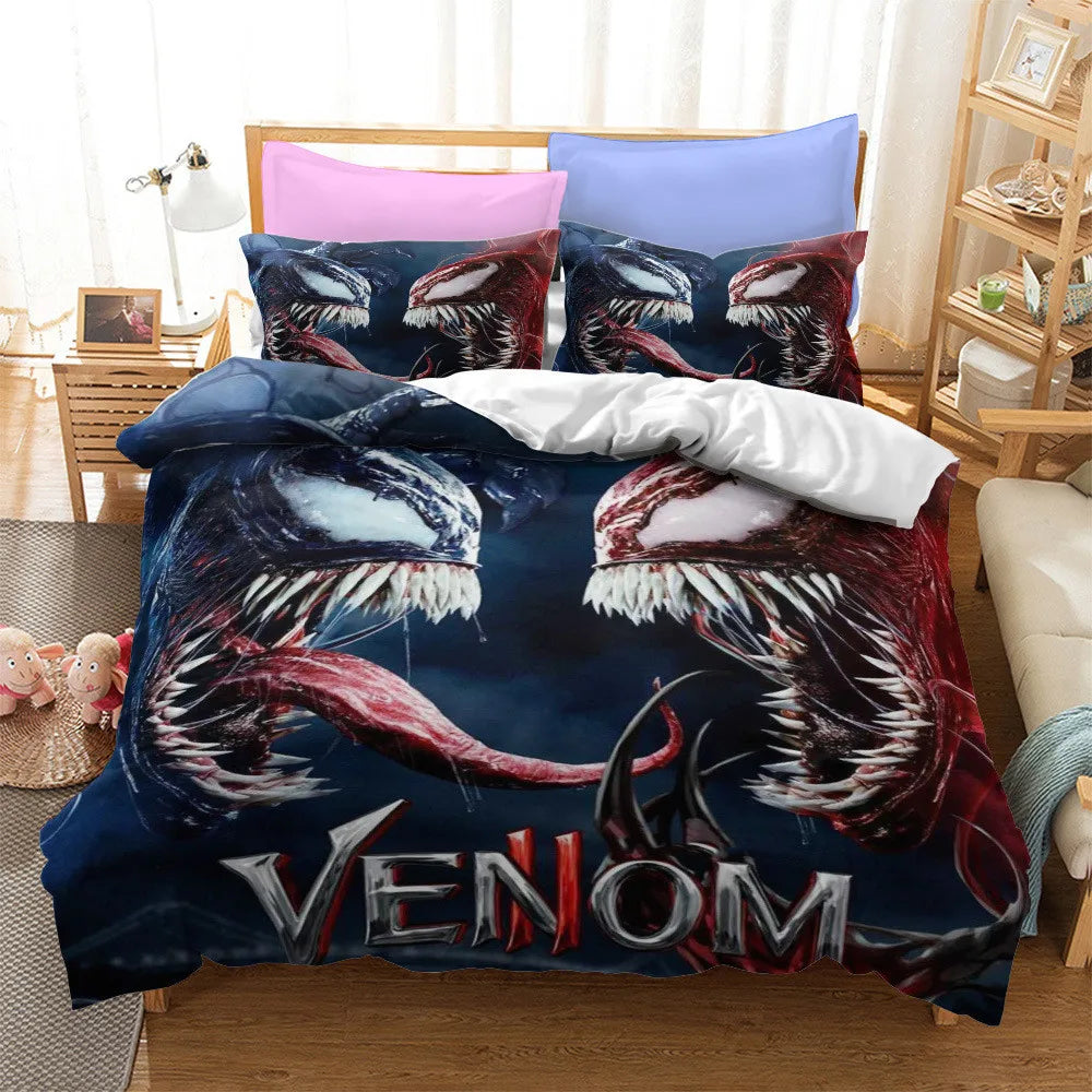 Housse de couette Venom imprimée 3D en microfibre bleu marine sur lit une personne