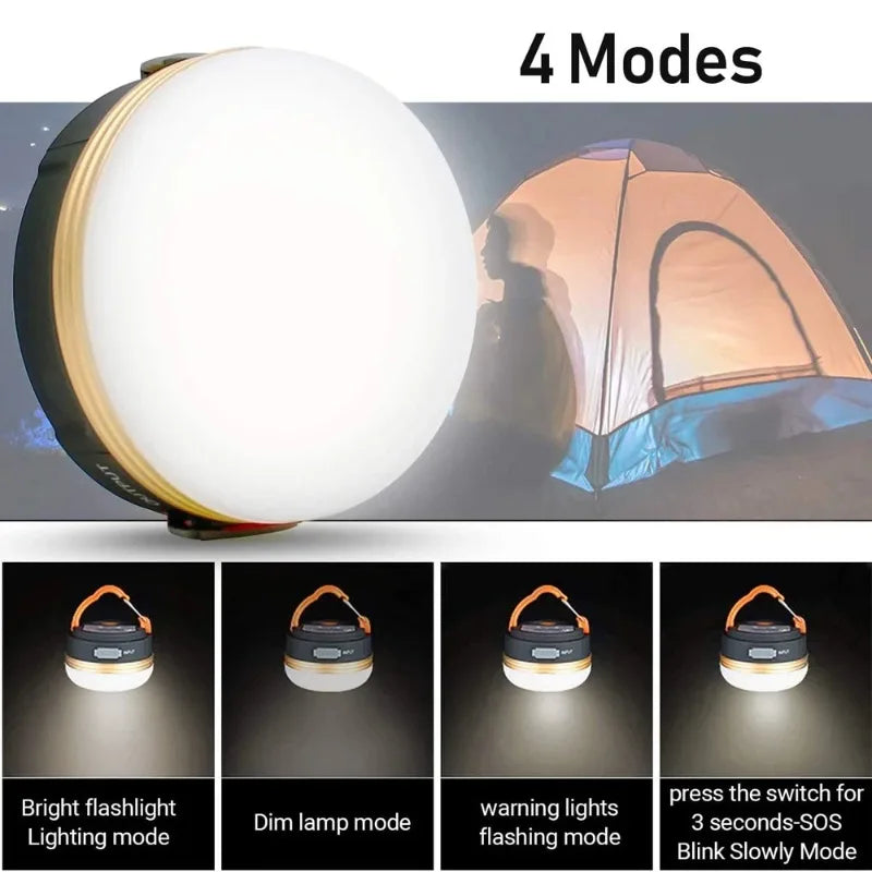 lampe camping rechargeable usb noir orange éclairage faible intensité flashlight signalisation crochets pliables