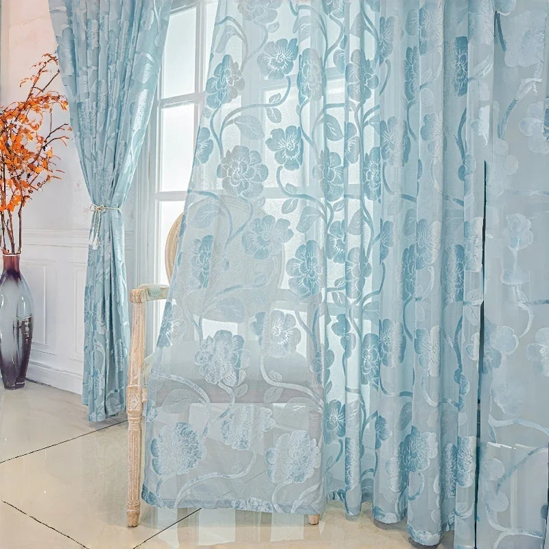 rideau floral bleu clair polyester translucide moderne tringle intimité salon chambre
