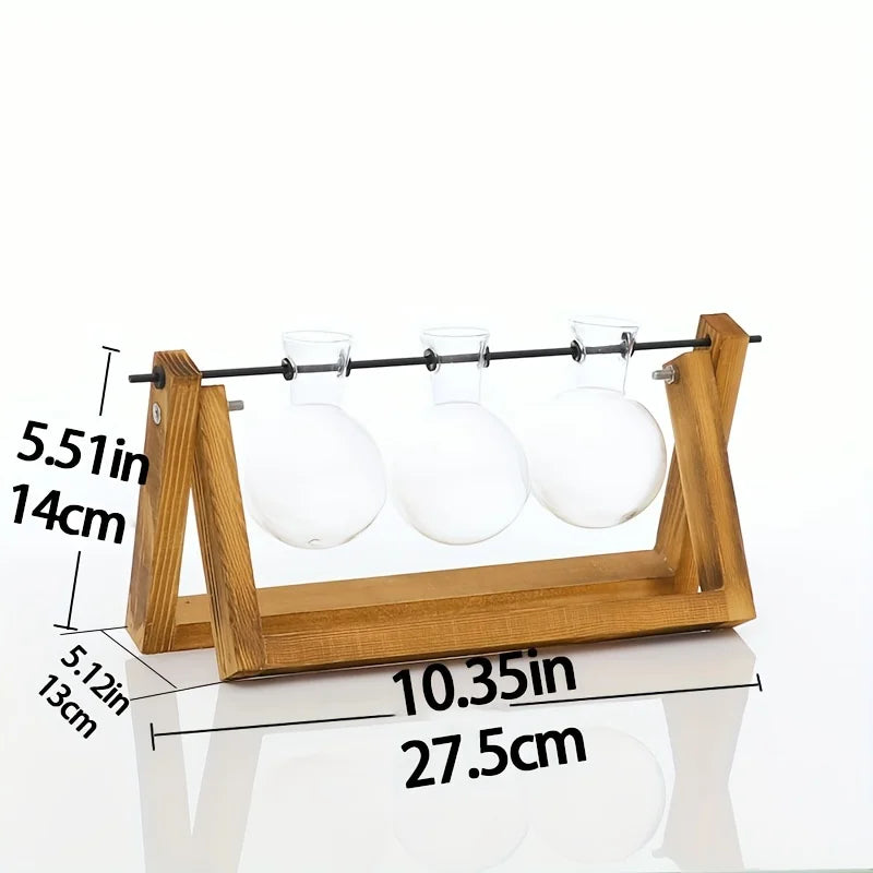support vases transparents bois industriel trois vases verre plantes minimaliste structure métal horizontal