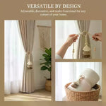rubans fenêtre boho chic pompons gradation couleurs anneaux bois beige marronclair tissé