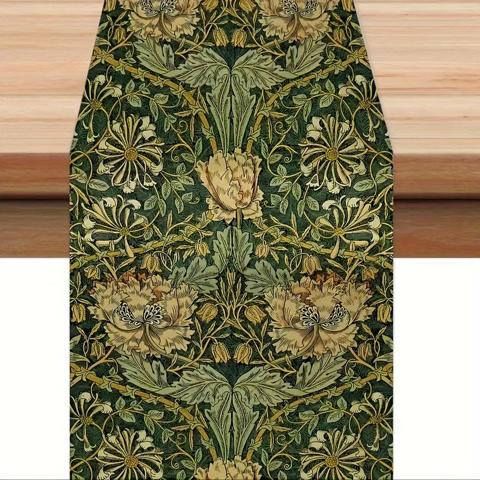 nappe lin motif floral william morris vert foncé beige arts crafts décoration table festive