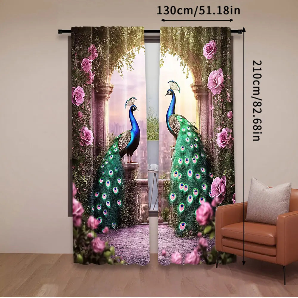rideau classique paon roses feuilles vert bleu rose beige opacité chambre salon