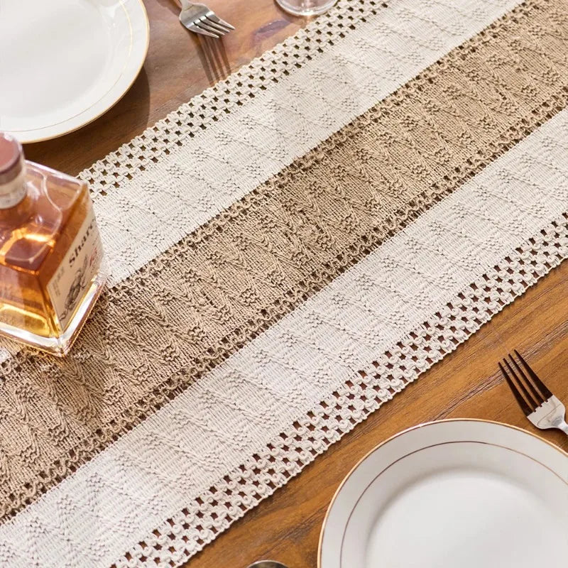 chemin table tressé rustique bohème beige marron blanc franges noel halloween pâques