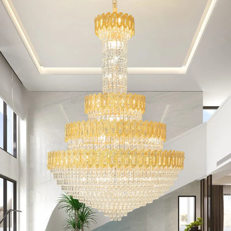 lustre doré cristal transparent classique suspension chaîne ajustable grande taille salon chambre moderne led