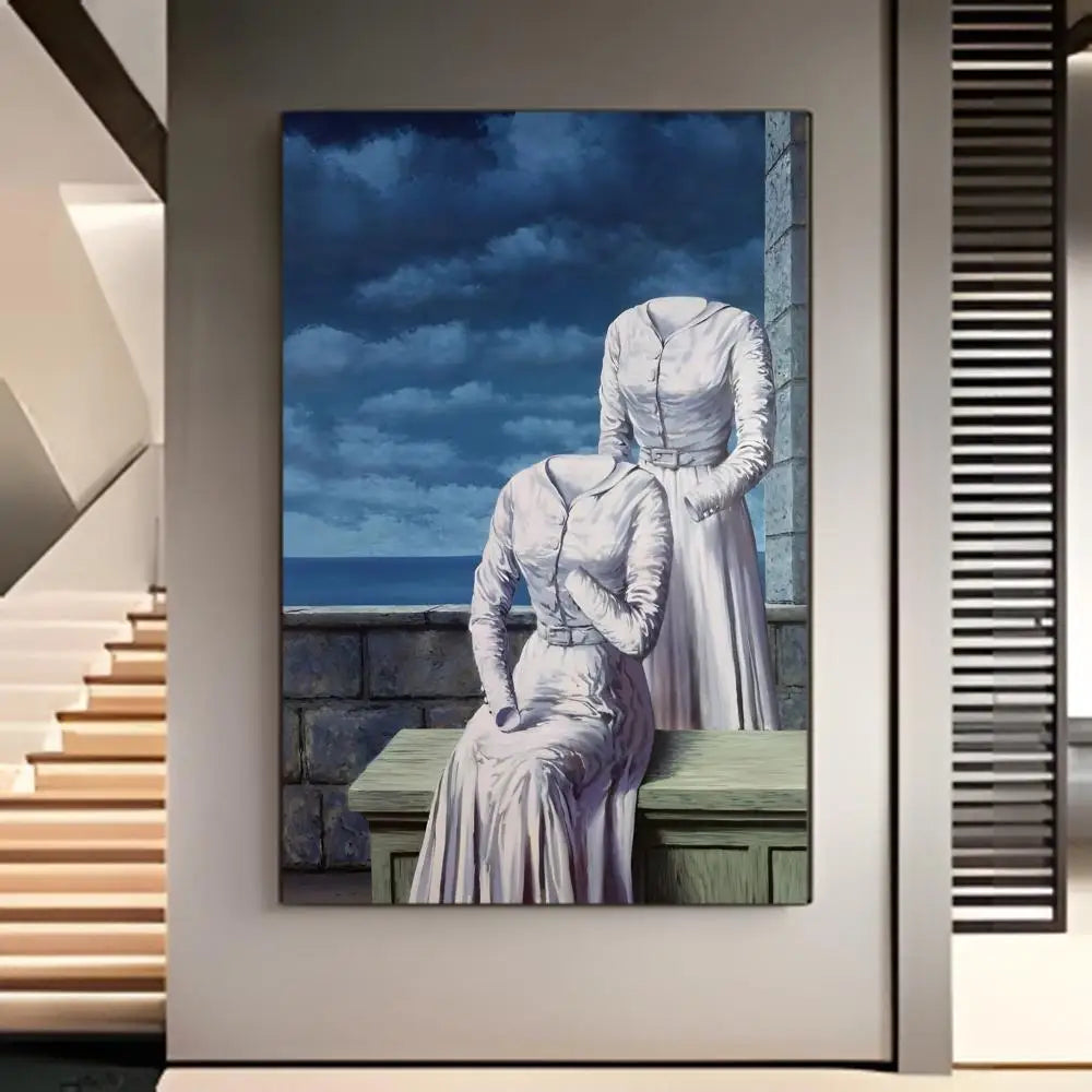 tableau moderne son of man ren magritte noir blanc gris bleu vert marron orange