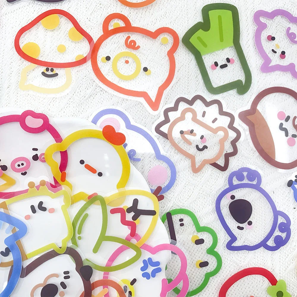 autocollants multicolores dessins animés sourires formes géométriques cartoon adhésif 50 pièces étiquettes transparentes amusantes