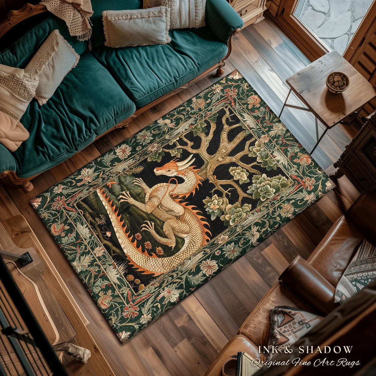 tapis dragon floral vert foncé motif arbre fleurs médiéval fantastique aubusson vert beige orange