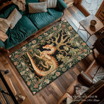 tapis dragon floral vert foncé motif arbre fleurs médiéval fantastique aubusson vert beige orange