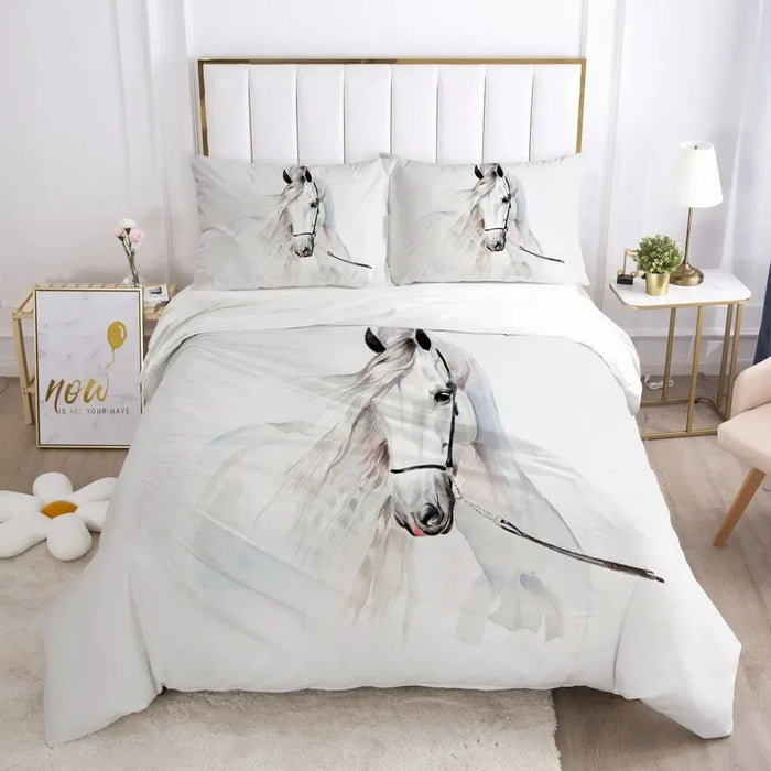 Housse de couette cheval blanc 3D taille reine sur lit