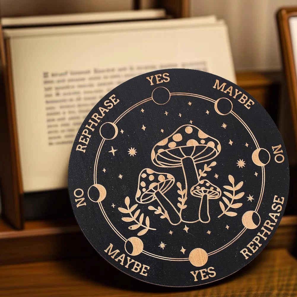 plaque décorative bois noir champignons mystique astrologique oui maybe no rephrase