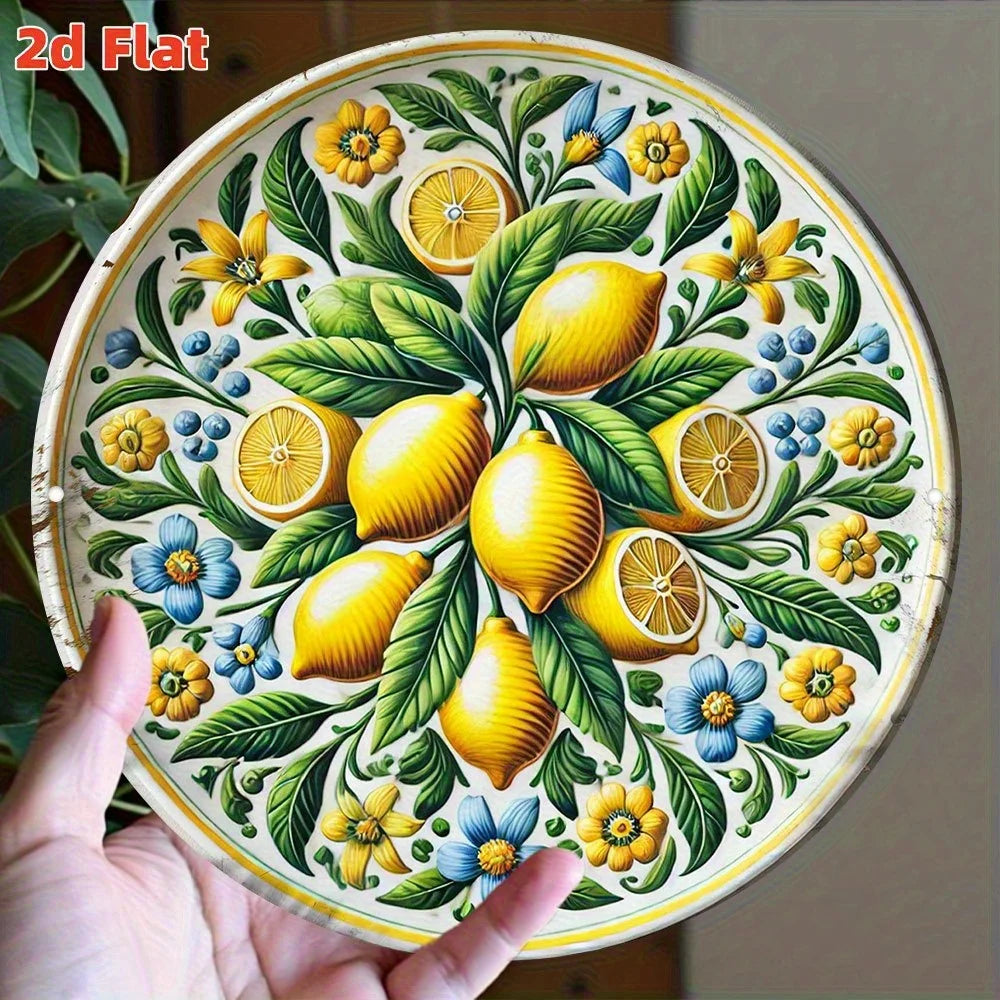 décoration murale plaque artisanale motif floral citrons feuilles fleurs couleurs blanches jaunes vertes bleues