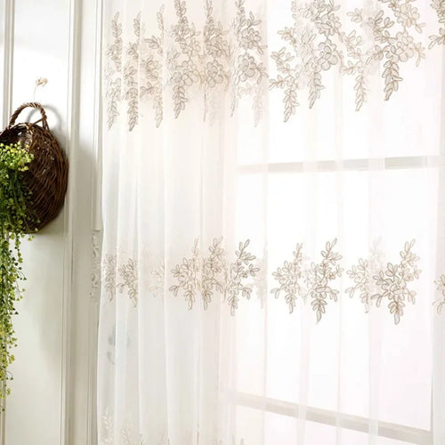 rideau blanc beige broderie florale classique transparent fenêtre salon chambre maison
